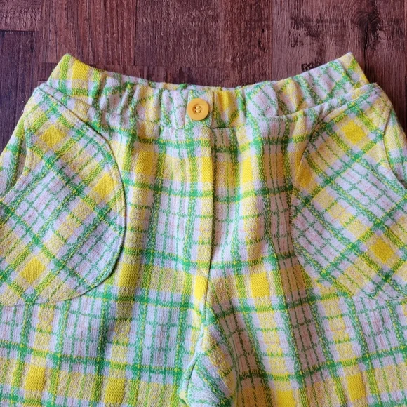 Vintage 70s Jan Celeste Yellow Green Plaid Elastic High Waist Pants - Picture 2 of 7
